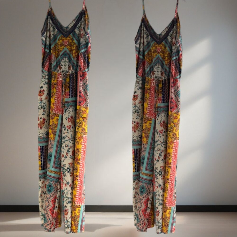 Umgee Boho Patchwork Wide Leg Jumpsuit Size Large Multicolor Festival Outfit - Picture 4 of 6